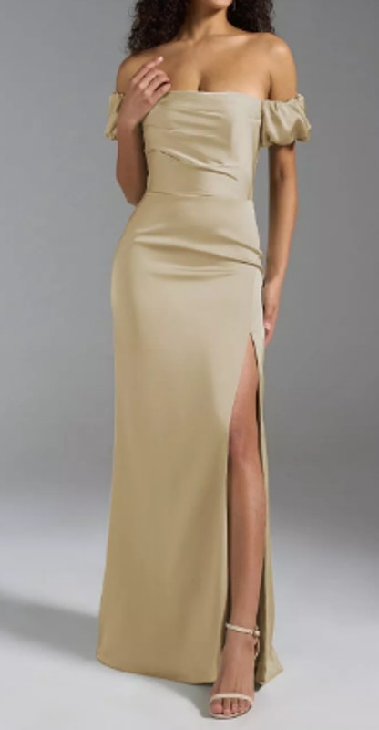 Aw Bridal 2 Xs Light Gold Samara Satin Formal Wedding Party Maxi Dress New 0b12